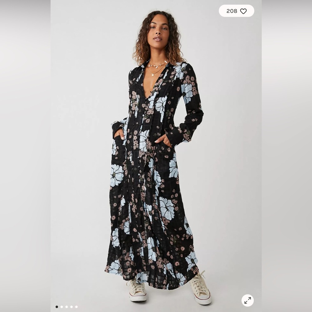 Free People Black Maxi Dress with Blue and Pink Floral Print